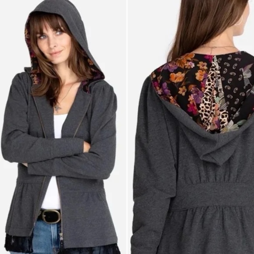 Johnny Was Jade Jina Peplum Hoodie Silk Lined Lace Trim Boho Luxury Size S